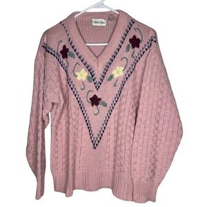 Vintage Hunters Glen Womens V‎ Neck Sweater Sz L Floral Embroidered Grannycore